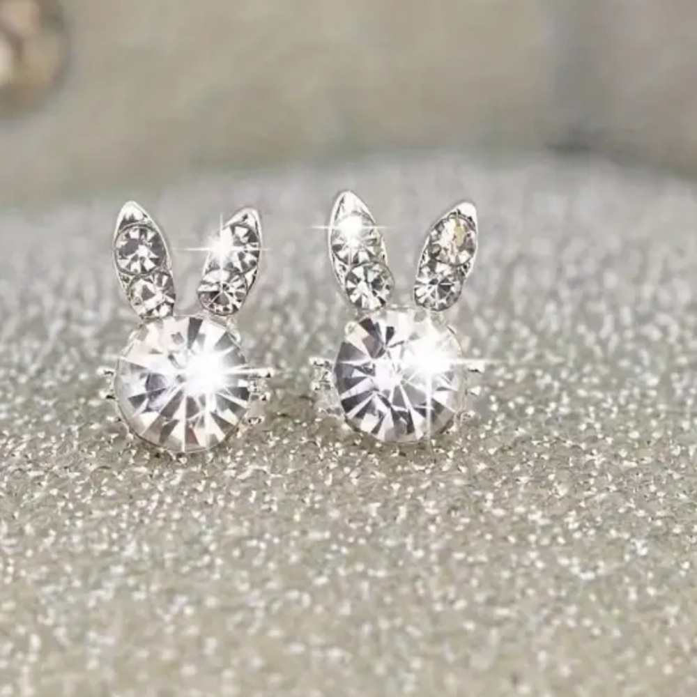 Sparkling Bunny Stud Earrings in Silver Tone